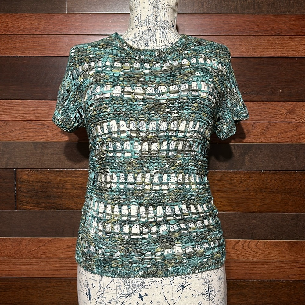 No Brand Tag Crew Neck Short Sleeve Green Tones Mesh Knit Sweater